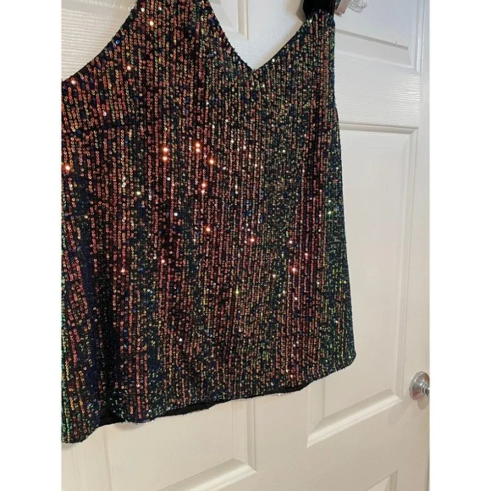 NEW XL Sequin Tank Top Girls Night Out V Neck Velvet Tie Strap Sparkle Jess Lea